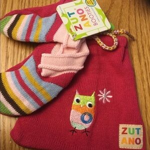 Zutano booties 0-9 Months Owl baby socks  & Bag Organic Cotton. NWT